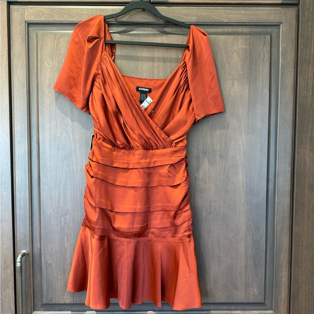 Satin Ruched Mini Dress in Rust Red - Picture 6 of 11
